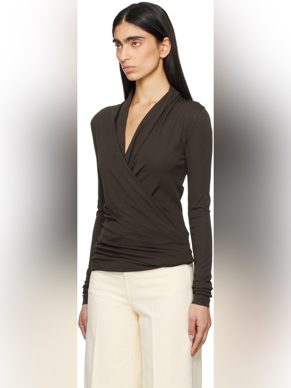 TOTEME Khaki Overlapped Jersey Top Size Small Draped Blouse Old Money - Picture 12 of 14